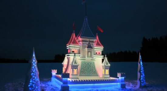 Световой новогодний замок и синие новогодние елки