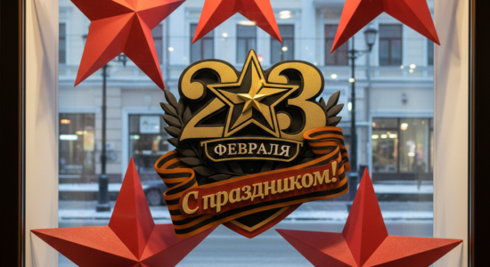 Украшение витрин на 23 февраля