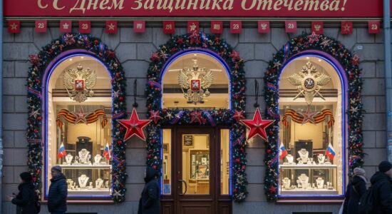 Украшение витрин на 23 февраля